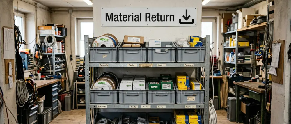 Material return zone in a trades warehouse: drop zone with labeled bins for sorted returns