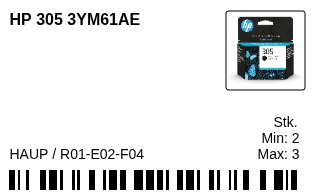 Fertiges Kombietikett aus dem repleno Label-Designer: HP 305 Druckerpatrone mit Produktbild, Barcode, Mindest-/Höchstbestand und Lagerplatz HAUP/R01-E02-F04
