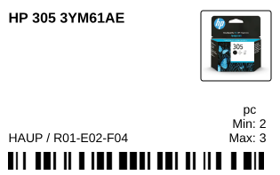 Finished combo label from the repleno label designer: HP 305 printer cartridge with product photo, barcode, min/max stock and bin location HAUP/R01-E02-F04