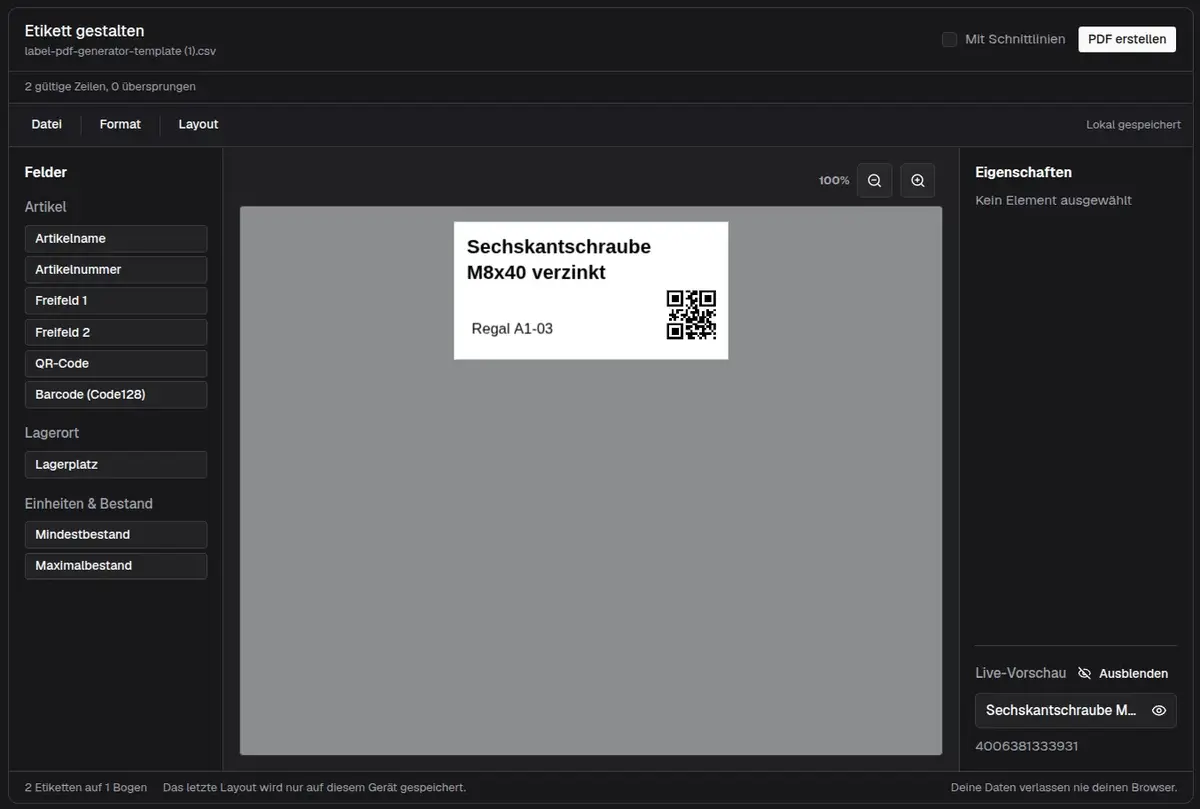 repleno Etiketten-Generator mit Live-Vorschau eines Regaletiketts