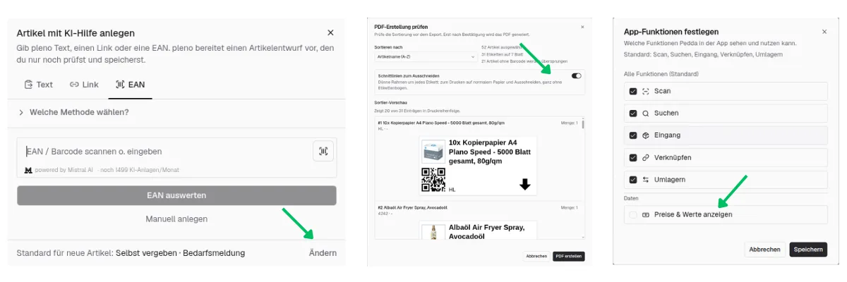 Standard-Beschaffungsart beim Artikel anlegen, Schnittlinien im Etikettendruck und Preise pro Mitarbeiter in den App-Funktionen