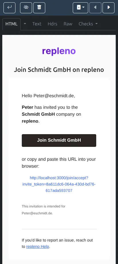 repleno: invitation email